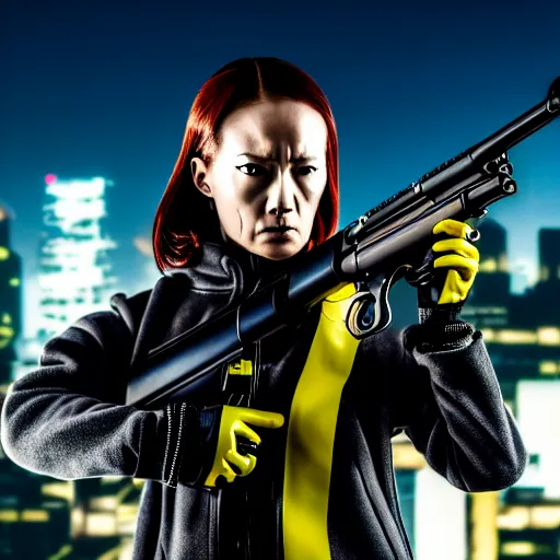 Image similar to photographic portrait of a techwear woman holding a shotgun, holding shotgun down, closeup, on the rooftop of a futuristic city at night, sigma 85mm f/1.4, 4k, depth of field, high resolution, full color, award winning photography, Kill Bill, John Wick, Die Hard, movies with guns, movie firearms, anatomically correct hands