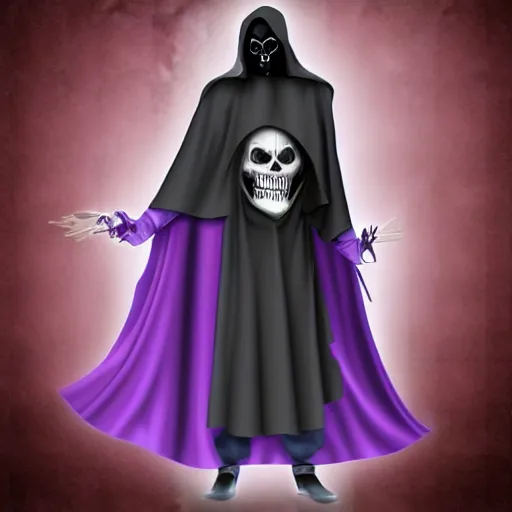 Image similar to grim reaper, purple cloak, full body