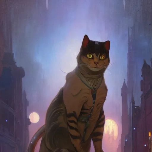 Prompt: Concept art, beautiful painting of a cat, shining its light among stars, wandering around a metropolis city, 8k, alphonse mucha, james gurney, greg rutkowski, john howe, artstation