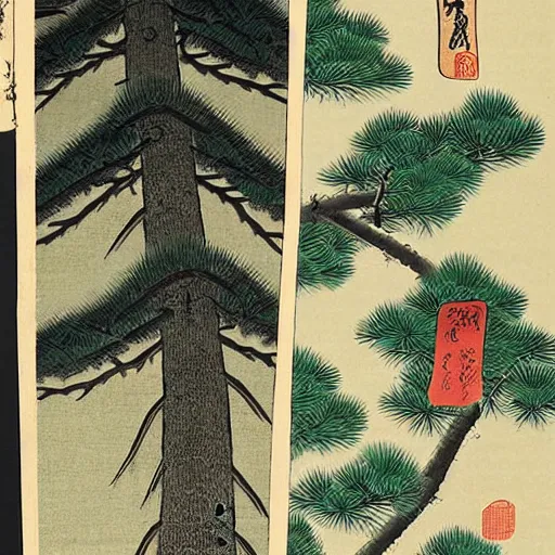 Prompt: koson ohara ukiyo - e of pine trees