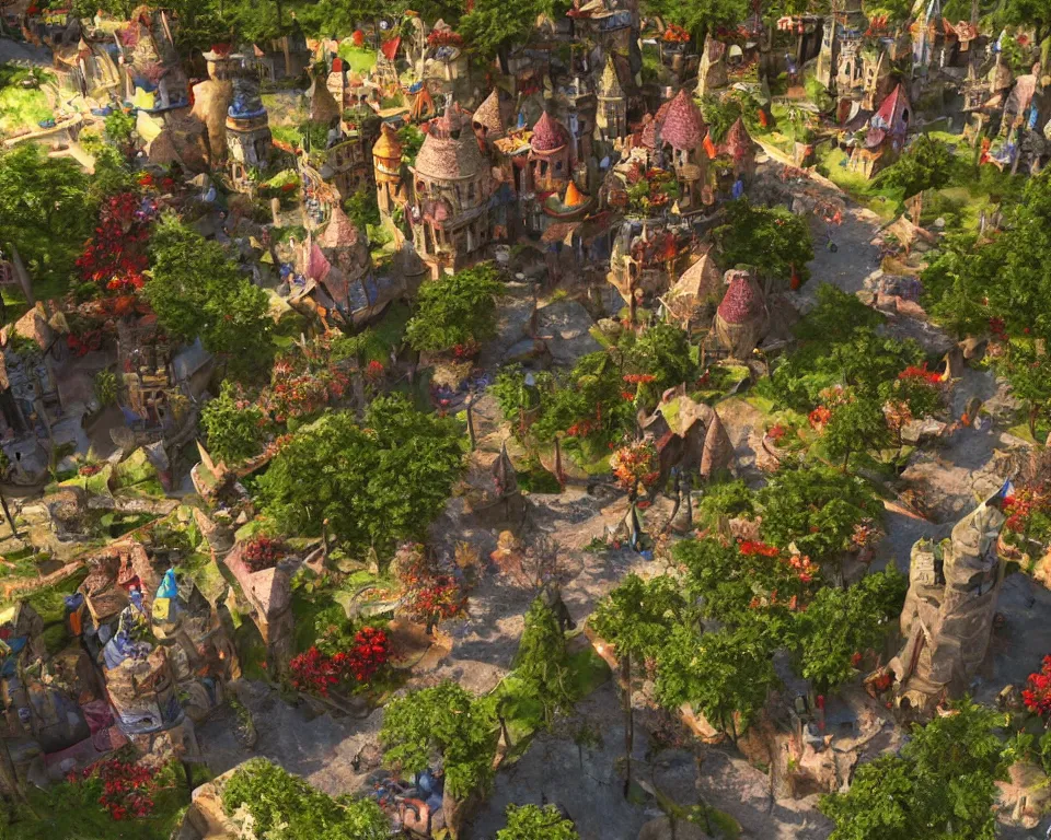 Image similar to colorful medieval city of the fae, built into trees and stone, fanciful, magical, unreal engine