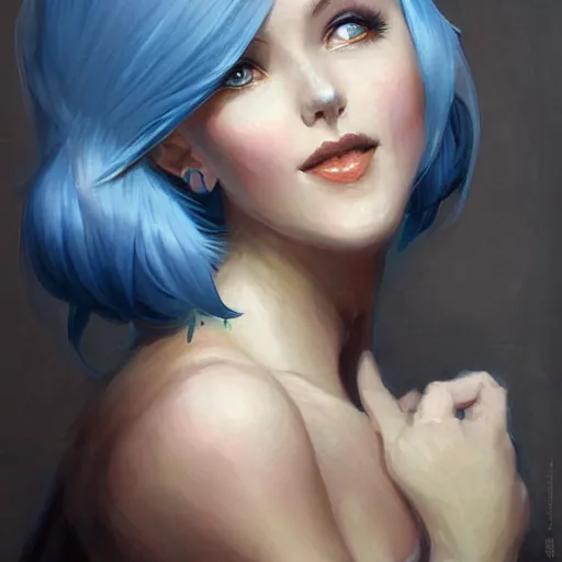 Prompt: a beautiful painting of a smiling woman with short blue hair representative of the art style of artgerm and wlop and peter mohrbacher
