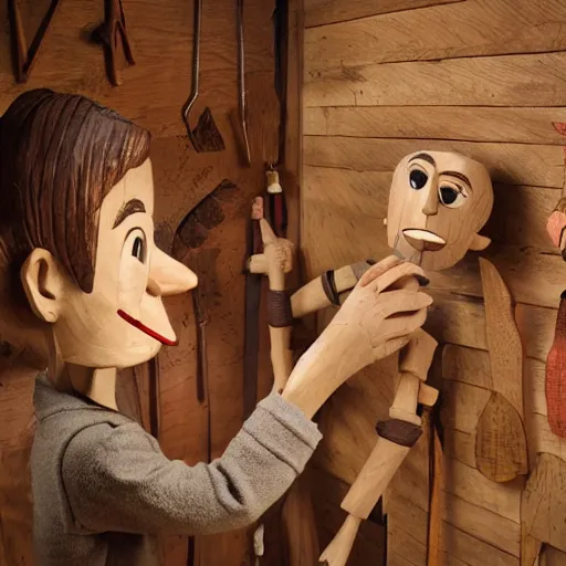 Prompt: gepetto is amazed when his wooden boy puppet pinocchio begins to come alive, talking and dancing around in his wood carving shop, 8k, photo realistic, vivid, digital art, trending on art station