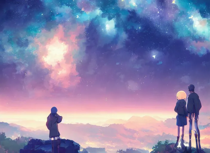 Image similar to watching the stars at night, on a mountain, by wlop, anime key visual, poster