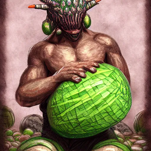 Image similar to An atronach made of melons, digital art, high quality, 8k