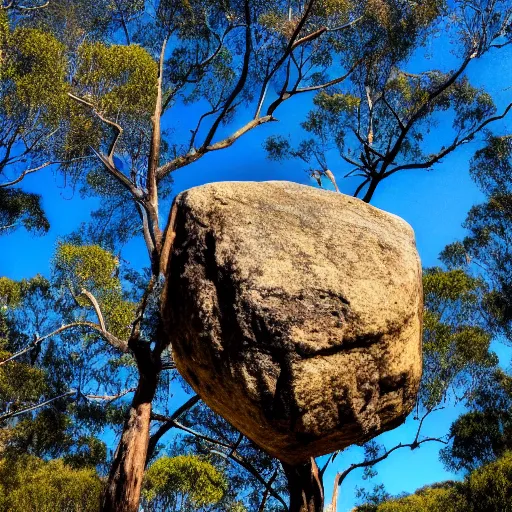 Image similar to Beautiful photo of a rock in an Australian forest, cut out of a quarry, blue sky, trees in the background, wallpaper, 4k, short exposure