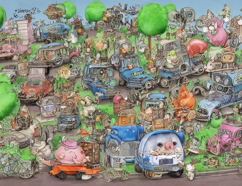 Image similar to cute and funny, a garden gnome driving a steampunk bus, a cat on the roof holding on, ratfink style by ed roth, centered award winning watercolor pen illustration, isometric illustration by chihiro iwasaki, edited by range murata, tiny details by artgerm and watercolor girl, sharply focused