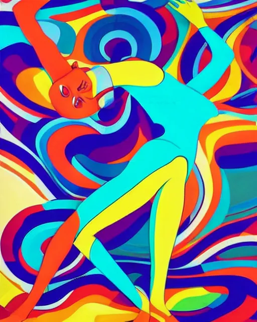 Prompt: beautiful spandex model stretching her body in a difficult pose, flowing lines and curves, 80s Eros, color pop, by Georgia O'Keefe, Alex Yanes and Felipe Pantone, rule of thirds