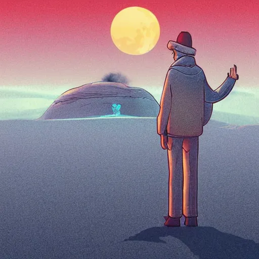 Image similar to a lonely man in desert finding a beautiful crystal, a big moon in background, Industrial Scifi, detailed illustration, character portrait, by Martin Grip and Moebius