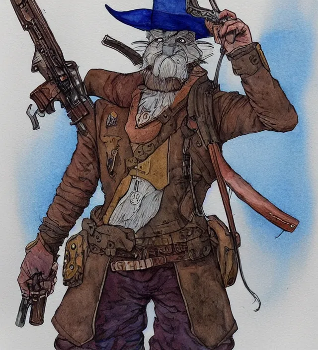 Image similar to a watercolor ink painting of an anthropomorphic bunny mercenary / gunslinger posing with their revolver in the style of jean giraud in the style of moebius trending on artstation deviantart pinterest detailed realistic hd 8 k high resolution