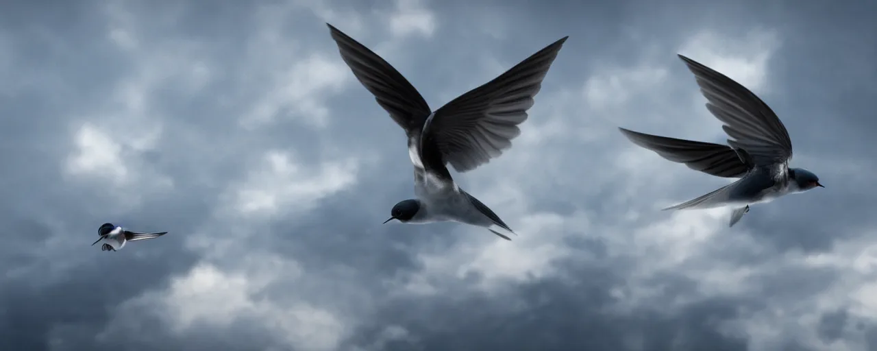 Image similar to a swallow bird flying through the clouds, atmospheric, mist, epic, photorealistic, realistic, rule of thirds, extremely detailed, 4 k, 8 k, unreal engine 5 render, rim lighting, rtx, ray traced lighting, shot on 3 5 mm, film grain