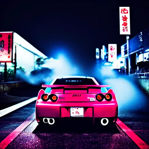 Image similar to a car GTR drift at illegal car meet, Chiba prefecture, city midnight mist lights, cinematic color, photorealistic, highly detailed, 50MM