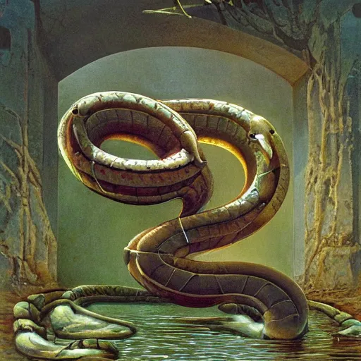 Prompt: lavish by emile galle, by michael whelan ancient roman. a beautiful land art of a snake eating its own tail that seems to go on forever.