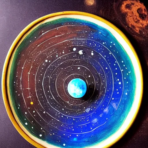 Image similar to high quality studio portrait of the solar system drawn with olive oil on a plate