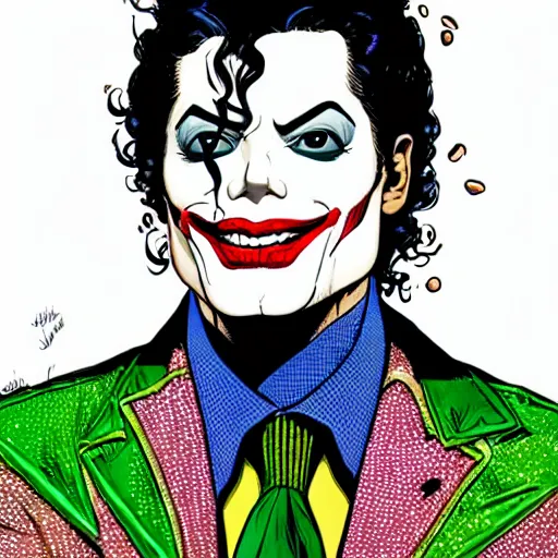 Image similar to dynamic macro head portrait of beautifu michael jackson as the joker in white sequined jacket by john romita sr and cory walker and ryan ottley and jack kirby and barry windsor - smith, comic, illustration, photo real
