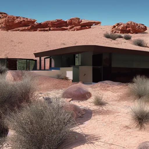 Prompt: A house designed by Frank Lloyd Wring in the middle of the desert, photographed by Fernando Guerra, realistic, 4k, detailed