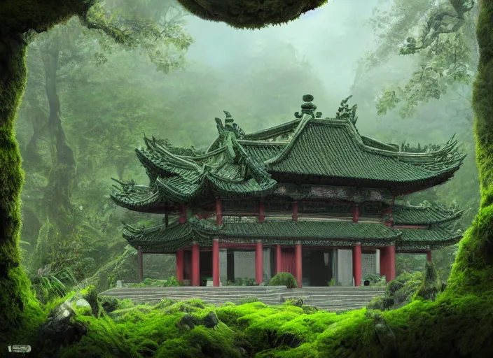 Prompt: A very detailed matte painting of mysterious ancient Chinese temple overgrown with moss, lush plants, verdan trees, breathtaking, hyper-realistic, volumetric lighting, 4k resolution, digital art, trending on Artstation