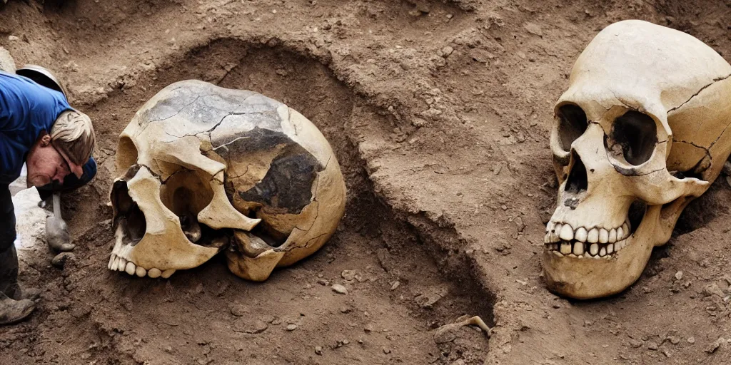 Prompt: human paleontologists find a giant skull inside a dig site, photography