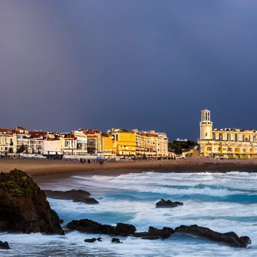 Image similar to photo of biarritz at dusk with a huge tornado in front of the buildings