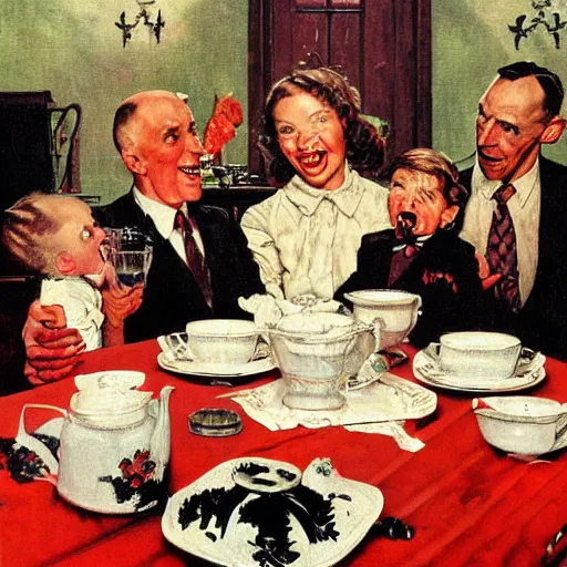 Image similar to a family invite a hellspawn demon to tea, painted by norman rockwell and tom lovell and frank schoonover