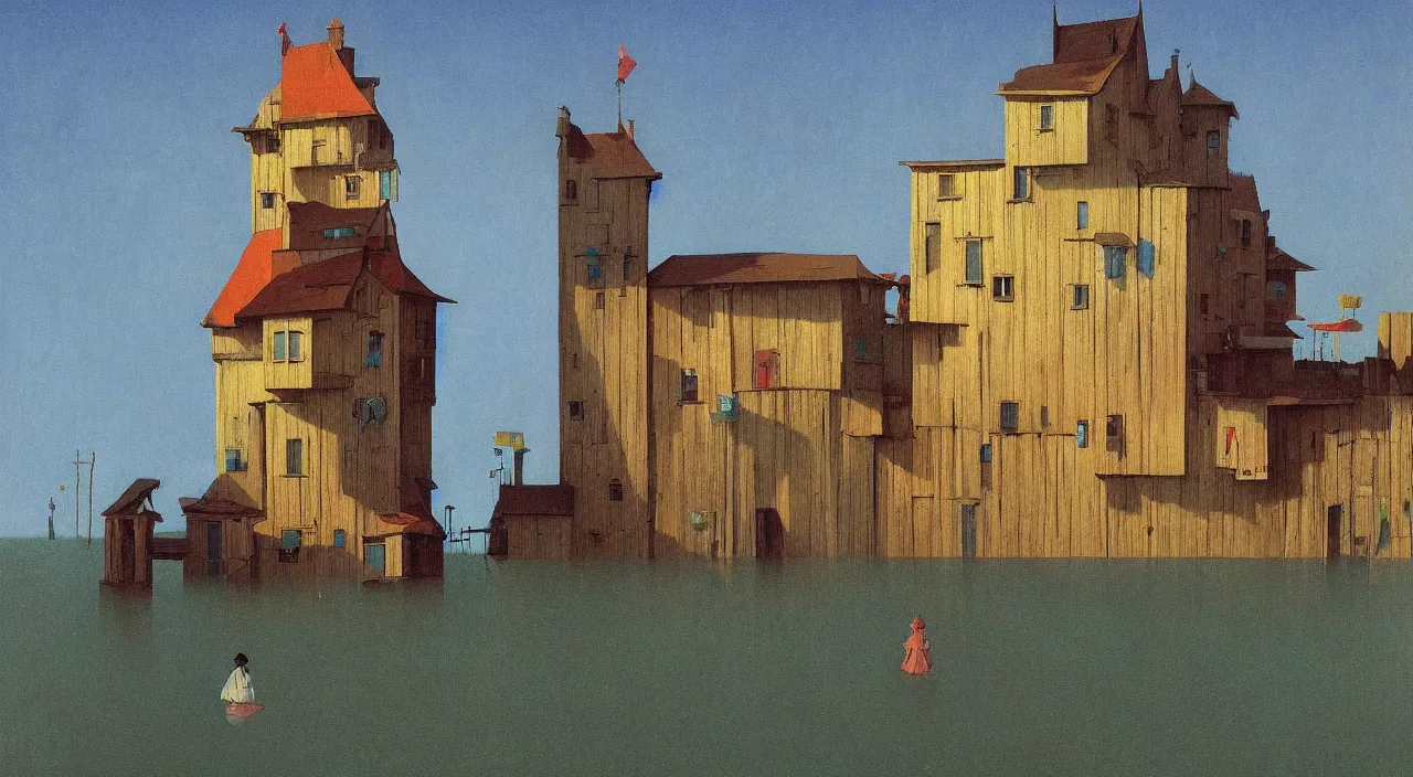 Prompt: single flooded simple crooked wooden tower, very coherent and colorful high contrast!! masterpiece by rene magritte simon stalenhag carl spitzweg syd mead norman rockwell edward hopper james gilleard, minimalist, dark shadows, sunny day, hard lighting