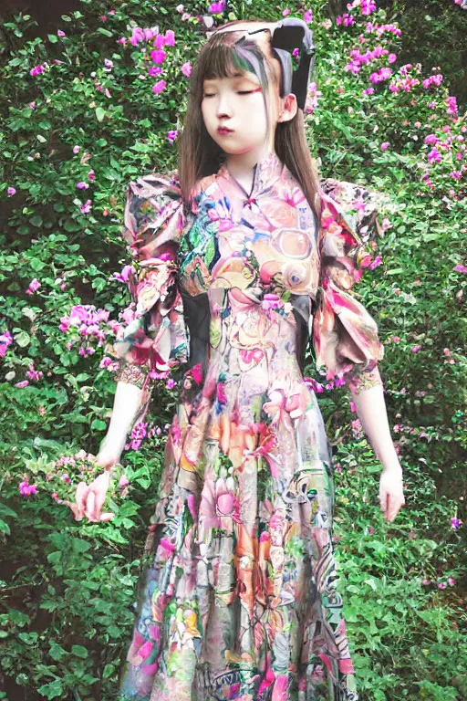 Prompt: runaway cybernetic floral fashion teen girl in fantasy dresses antediluvian traditional patterned blouse zine beautiful photography, ghibli akira xenogears ethereal bright fashion zine