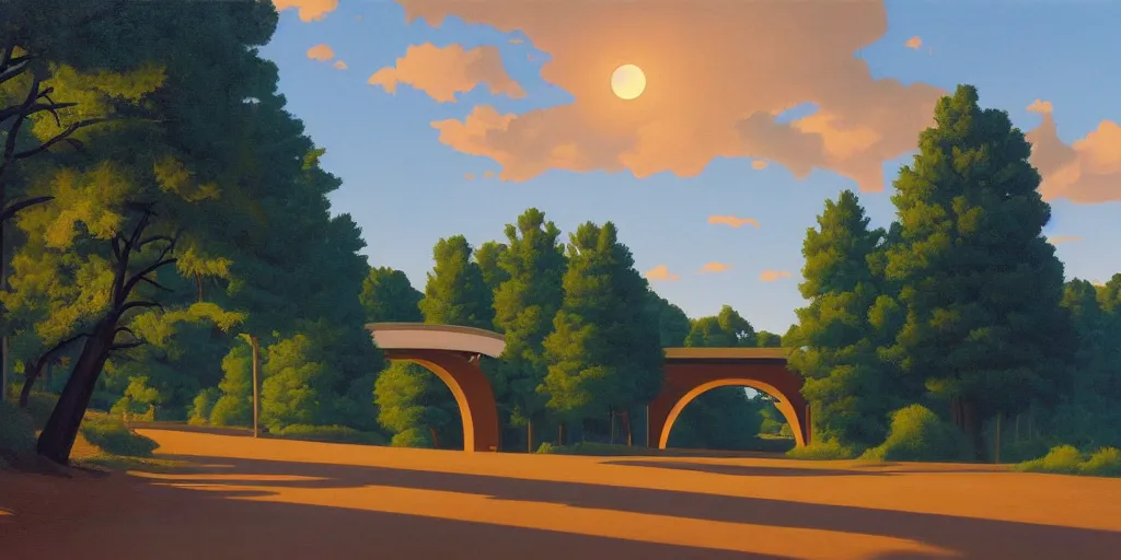 Image similar to tall bridge for trains, in the forest, blue sky, summer evening, kenton nelson