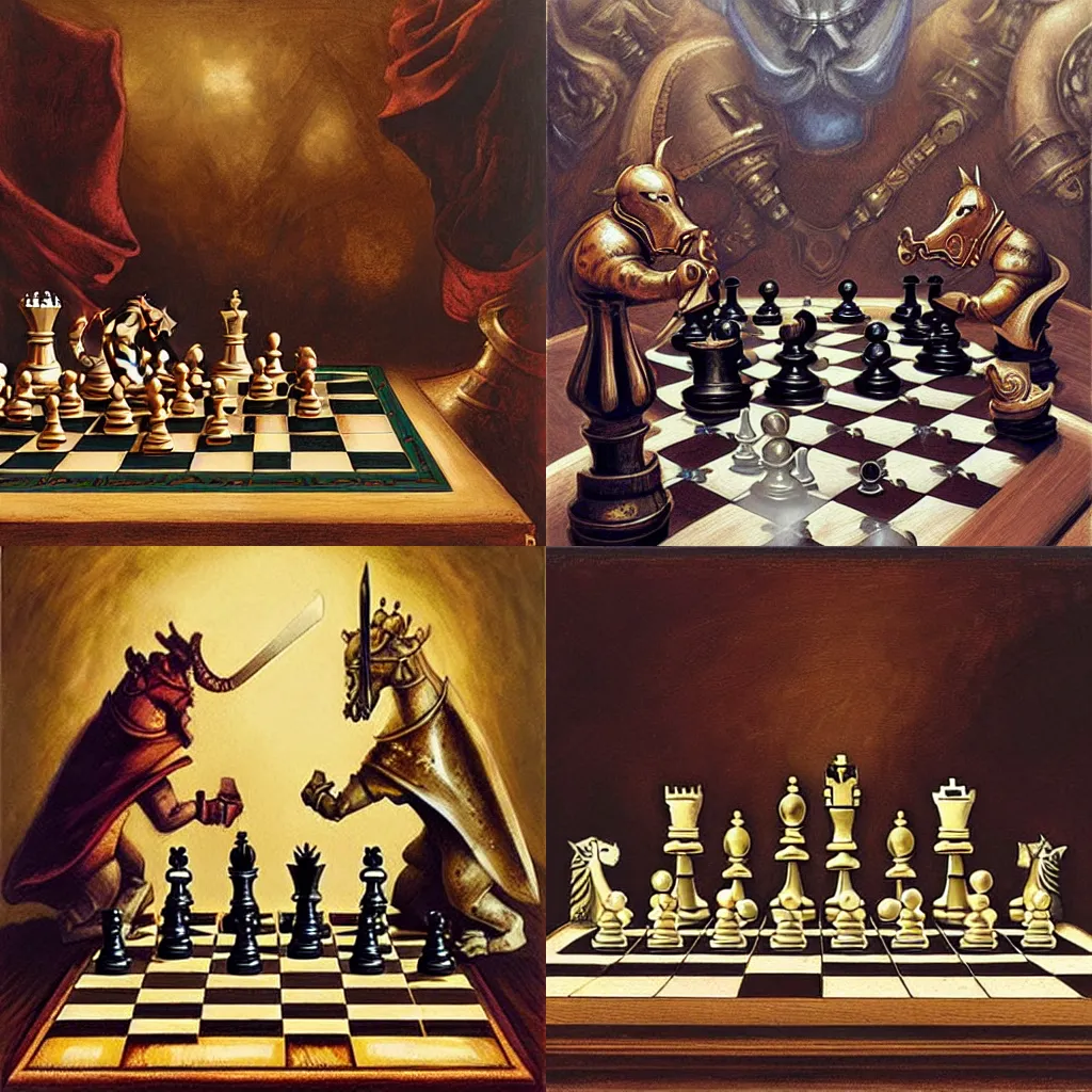 Prompt: chess pieces fighting with swords on a chessboard, by justin gerard, masterpiece, stunning