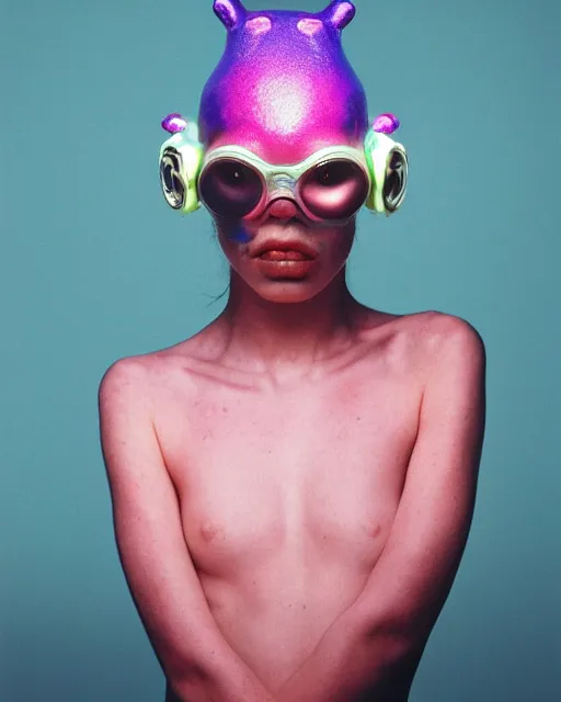 Image similar to natural light, soft focus portrait of a cyberpunk anthropomorphic frog with soft synthetic pink skin, blue bioluminescent plastics, smooth shiny metal, elaborate ornate head piece, piercings, skin textures, by annie leibovitz, paul lehr