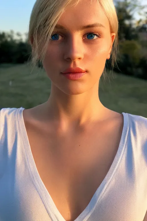 Prompt: 2 4 year old symmetrical blonde female wearing white v - neck top, neck zoomed in from lips down, photo realistic, extreme detail skin, no filter, slr, golden hour, 4 k, high definition, photograph, selfie