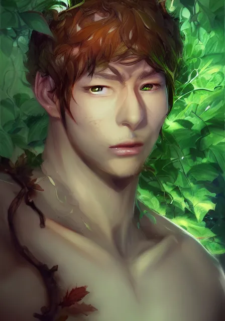 Image similar to A realistic anime portrait of a handsome fat dryad with glowing green eyes and tree bark skin wearing clothes made of leaves, digital painting, by Stanley Artgerm Lau, Sakimichan, WLOP and Rossdraws, digtial painting, trending on ArtStation, SFW version