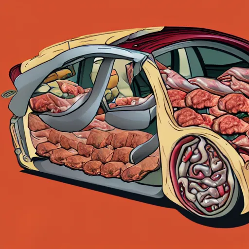 Image similar to a car made of meat and organs