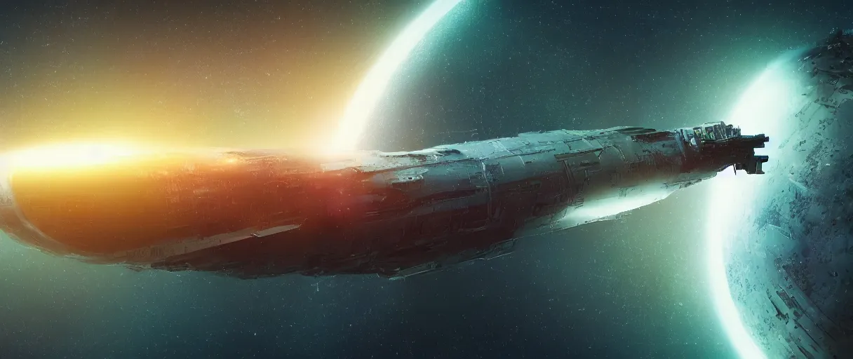 Image similar to illustration, a single small spaceship, deep space exploration, alone, the expanse tv series, industrial design, battlestar galactica tv series (2004), cinematic lighting, 4k, greebles, widescreen, wide angle, sharp and blocky shapes, hubble photography, the final frontier, beksinski, neon lights