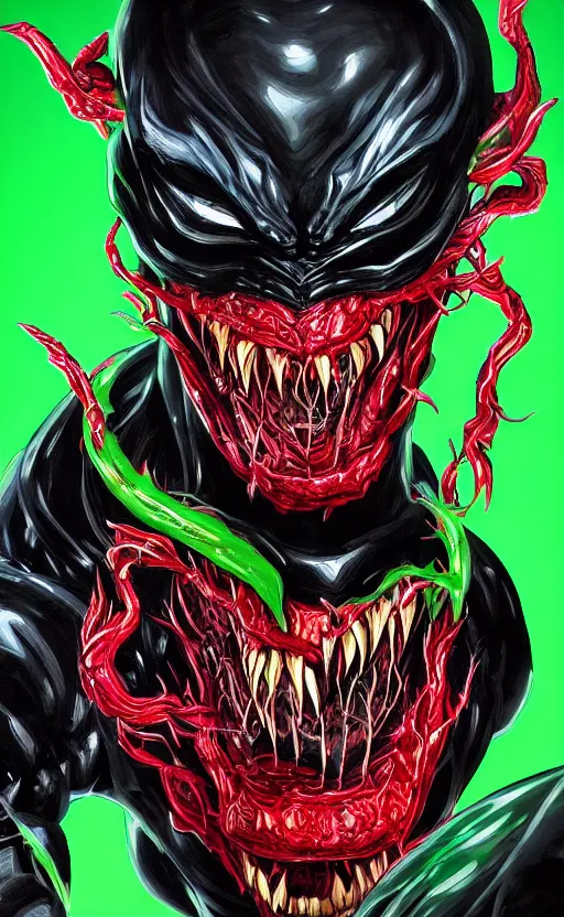 Image similar to portrait of venom as the green goblin, black and red, dynamic lighting, cinematic, ultra detailed, trending on art station, stunning visuals, creative, fantasy concept art