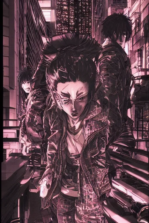 Prompt: highly detailed, professionally drawn 9 0 s seinen cyberpunk horror action manga cover art, full color, magazine cover art, drawn by ilya kuvshinov and hirohiko araki, hiromu arakawa