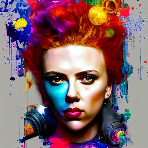 Prompt: scarlett johansson as delirium from sandman, ( hallucinating colorful soap bubbles ), by jeremy mann, by sandra chevrier, by richard avedon and maciej kuciara, punk rock, tank girl, high detailed, 8 k