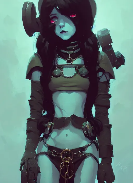 Prompt: portrait of cute gothic psyker girl chained, warhammer 4 0 k, by atey ghailan, by greg rutkowski, by greg tocchini, by james gilleard, by joe gb fenton, by in kaethe butcher, dynamic lighting, gradient light blue, brown, blonde cream and white color in scheme, grunge aesthetic