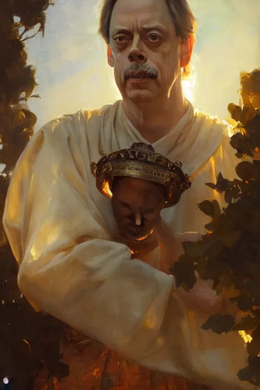 Image similar to beautiful expressive oil painting portrait of ancient roman god emperor steve buscemi ascending wearing the civic crown levitating in religious pose, art by anders zorn, wonderful masterpiece by greg rutkowski, beautiful cinematic light, american romanticism by greg manchess, jessica rossier