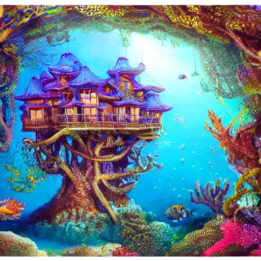 Image similar to fancy treehouse mansion built in coral underwater reef landscape detailed luminescent magical realism 4 k painting