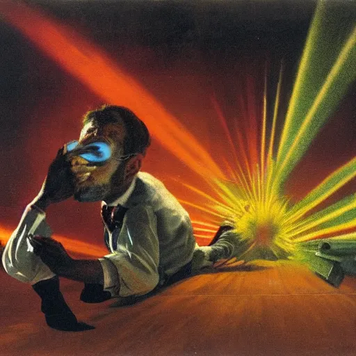 Prompt: a crazy man shooting fluorescent light rays out of his eyes, matte painting, masterpiece, by Francis Bacon