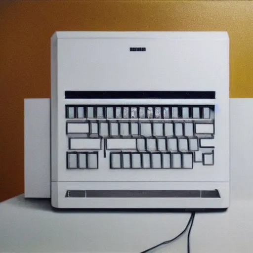Image similar to a realistic a glowing white retro computer in a white room, high art, oil painting, hd, photo