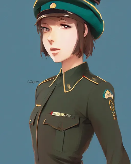 Image similar to young woman with shoulder length light brown hair and hazel eyes dressed in a sharp dark teal military uniform and beret, anime, ilya kuvshinov, greg rutkowski, guweiz, ross tran, loish, svetlana tigai, artgerm, artstation trending, concept art, digital painting