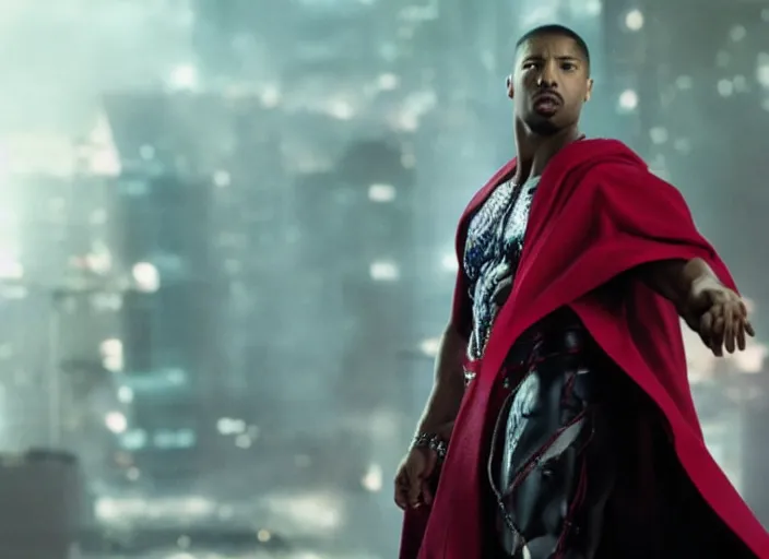 Image similar to film still of michael b jordan as spawn in the new spawn movie, giant chains, large cape, 8 k
