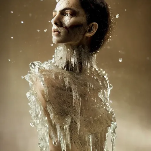 Prompt: full shot of a regal brown woman wearing an intricate armor made of many layers of ice. no makeup!! stalactite hair. water dripping. freckles!! haunting eyes. elaborate. ice caves. glaciers. refracted light. delicate. translucent. by ray cesar. by louise dahl - wolfe. by andrea kowch. surreal photography.