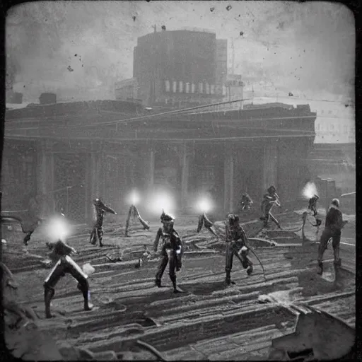 Prompt: grainy 1800s photo of a cybernetic warriors destroying buildings using energy balls in a smoky city