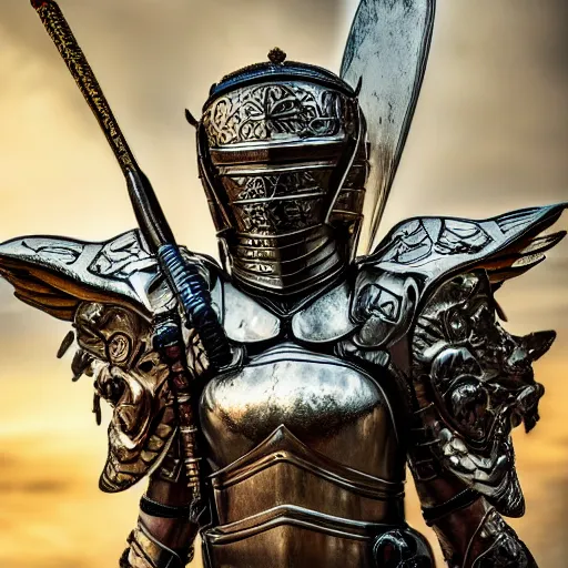 Prompt: beautiful angel warrior with ornate armour, highly detailed, 4k, HDR, smooth, sharp focus, hyper realistic, high resolution, award-winning photo