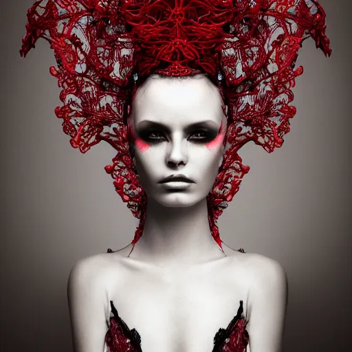 Prompt: a female model by stefan geselle and nekro borja, photorealistic, biomechanical, red lace, intricate details, hyper realistic, ornate headpiece, dark beauty, photorealistic, canon r 3, photography, wide shot, photography, dark beauty, symmetrical features