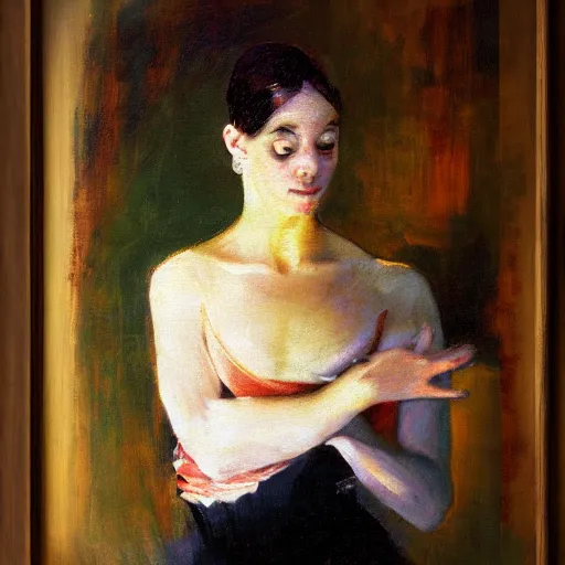 Image similar to portrait of a ballerina, impasto paint, 8 k, cinematic light, shadows, reflection highlights in the paint, in the style of francisco de goya,