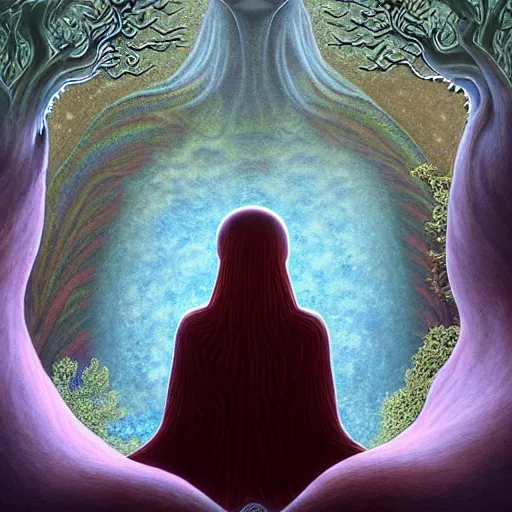 Image similar to an athromorphic wolf character meditating in a zen garden with a waterfall under the blood moon, by Adi granov and afarin sajedi and amanda sage and evgeni gordiets and Agostino Arrivabene and adonna khare in a psychedelic portrait style, ultrarealistic matte painting, volumetric lighting, fractal, extremely symmetrical, highly detailed face, orisha, 8k, hd