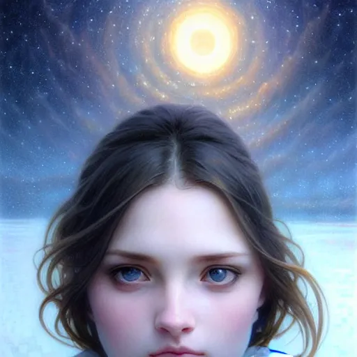 Prompt: eyes, long, sad, unblinking, soulful eyes, blue, cold, crystal, tear - drop, frozen lake, mountain, sky, stars, clouds, sunset, beautiful, gentle, beauty, calm, tranquil, serene, deep, longing, art by artgerm and greg rutkowski and alphonse mucha